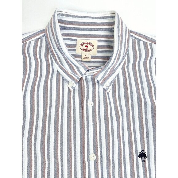 Brooks Brothers Red Fleece Size Large Mens Red White Blue Stripe Logo S/S Shirt - Picture 1 of 12